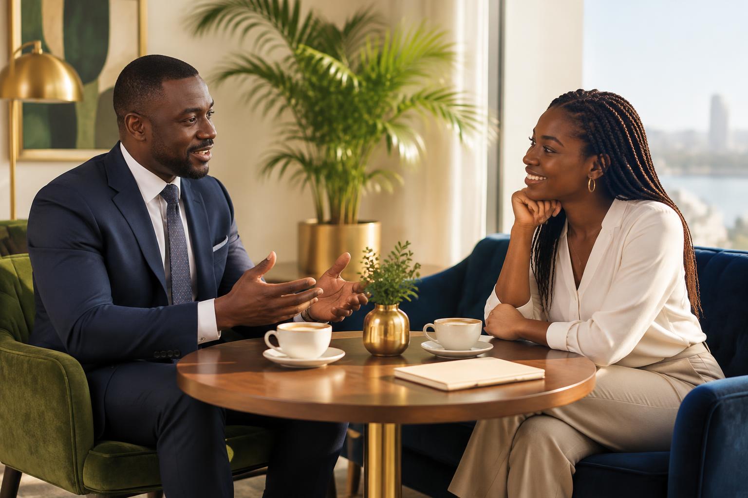Illustrative scene of a relaxed first consultation over coffee